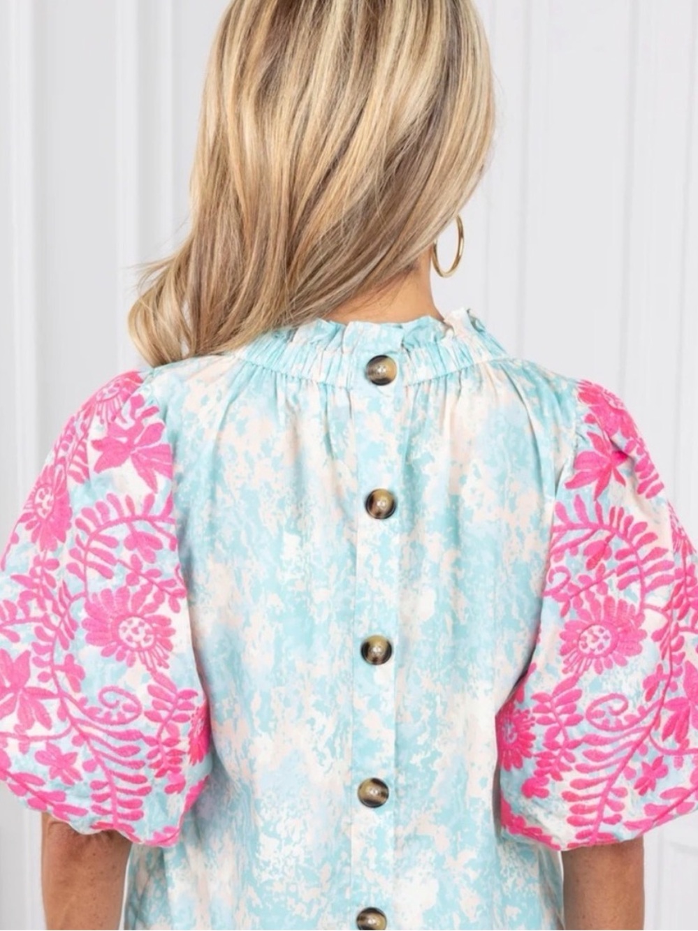 Avara Embroidered Puff Sleeve Blouse in Turquoise & Hot Pink - Picture 3 of 8